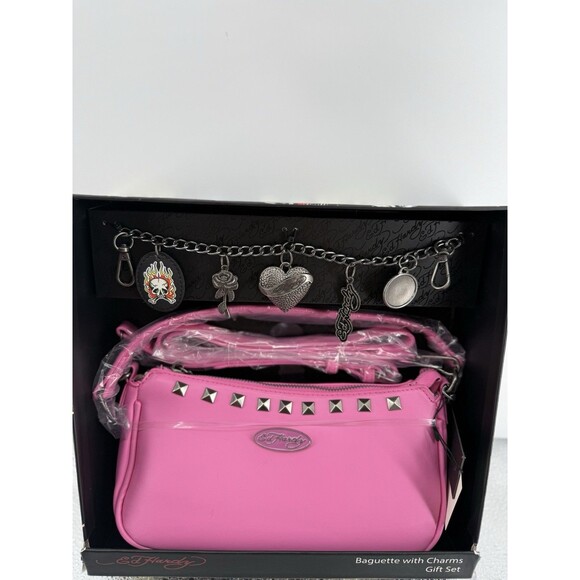 Ed Hardy Baguette Pink Shoulder Crossbody Bag Gift Set With Charms New In Box - Picture 1 of 1